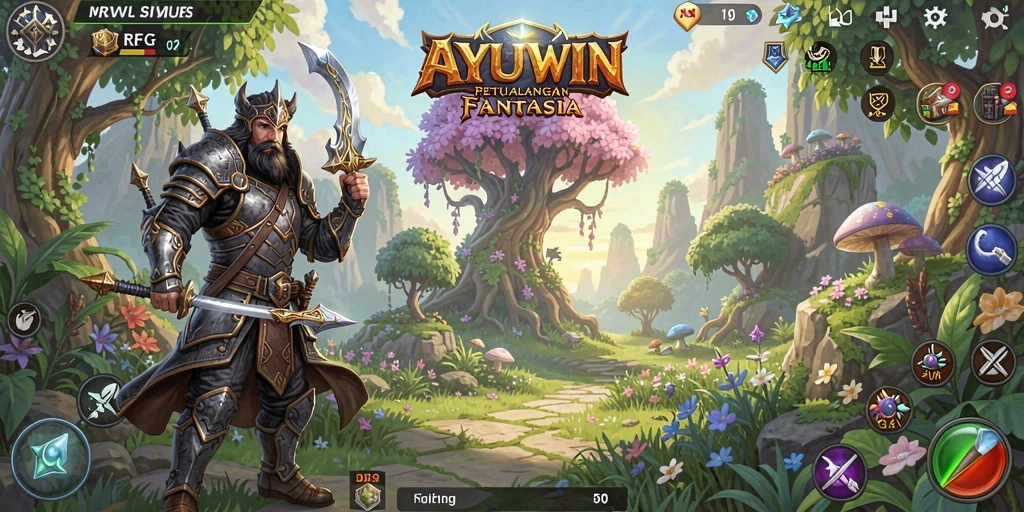 Tampilan gameplay AYUWIN yang memukau dengan pertarungan RPG yang seru.