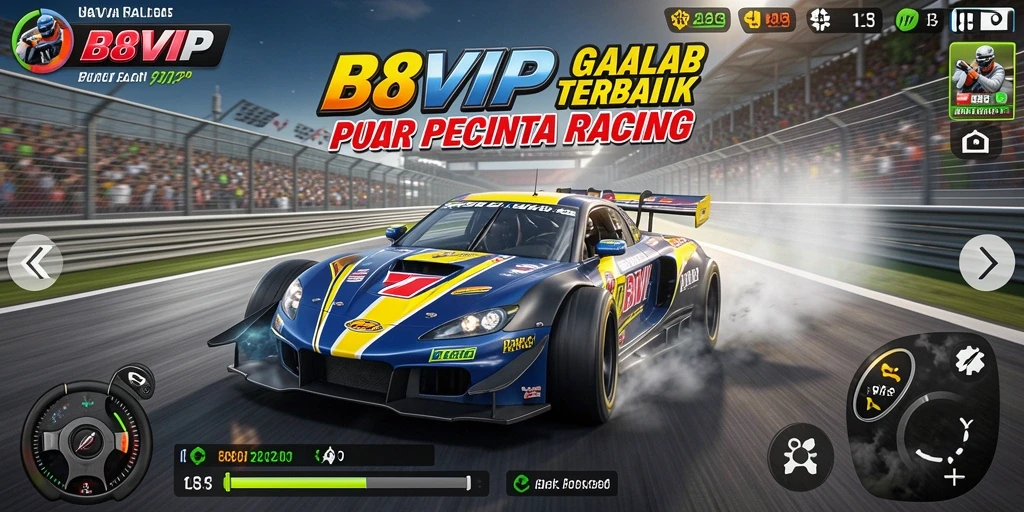 Tampilan gameplay B8VIP dengan mobil balap yang sedang melaju di trek.