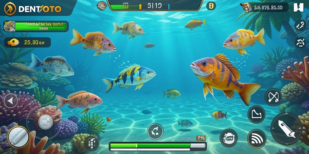 Screenshot gameplay DENTOTO menunjukkan serunya menembak ikan.