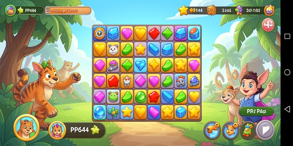 Screenshot utama PP444 menampilkan gameplay Match-3 yang seru.