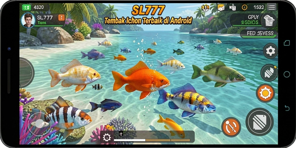 Tampilan gameplay seru dalam SL777 saat menembak ikan berwarna-warni.