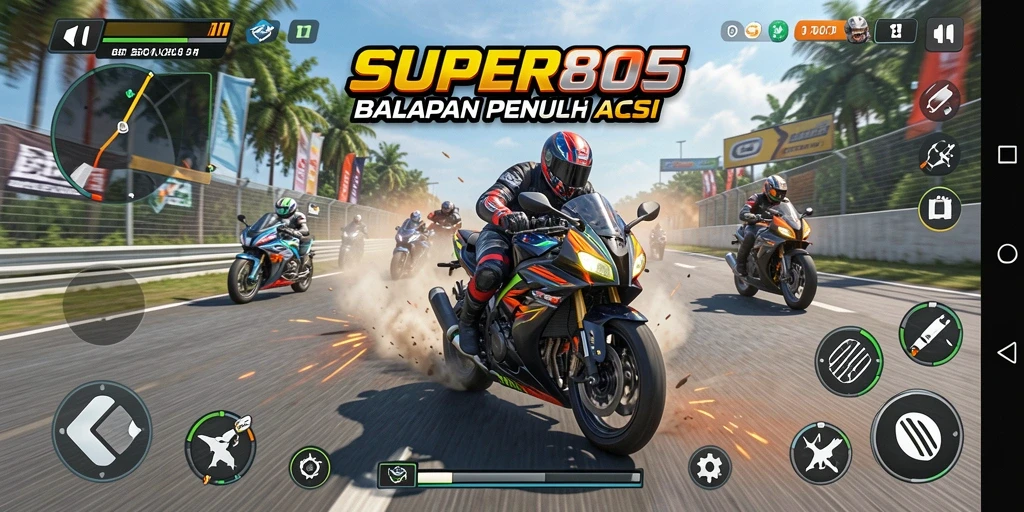 Screenshot utama SUPER805 menampilkan aksi balapan motor yang seru.