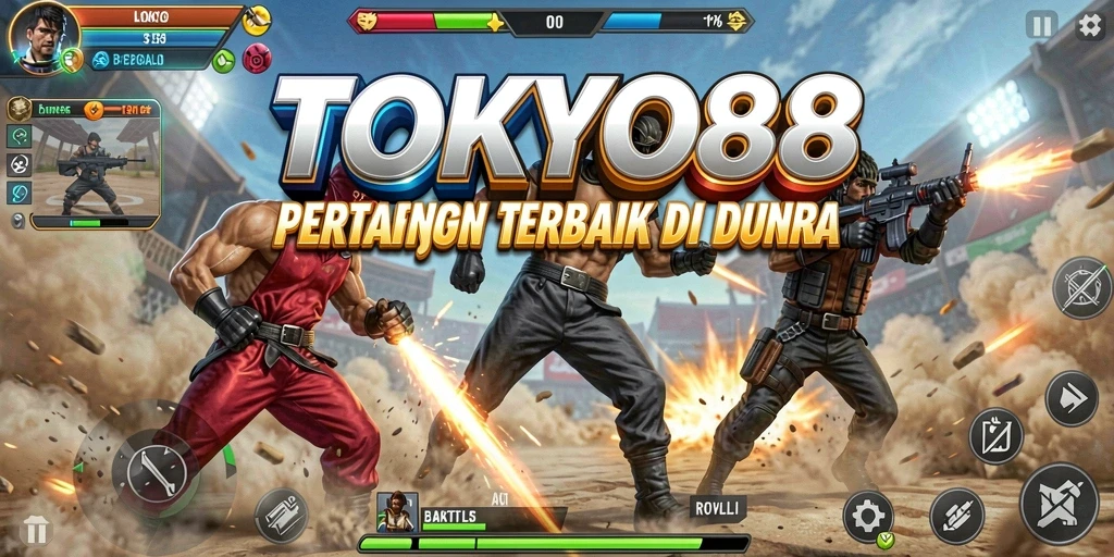 Menampilkan gameplay seru dalam pertempuran Battle Royale di TOKYO88.