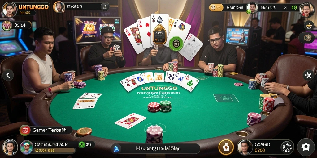 Tangkapan layar utama UNTUNGGO menunjukkan gameplay Poker yang mendebarkan.