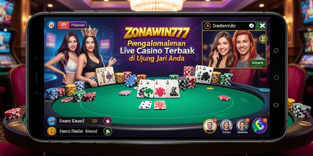 Screenshot ZONAWIN777 menampilkan dealer langsung dalam permainan kasino.